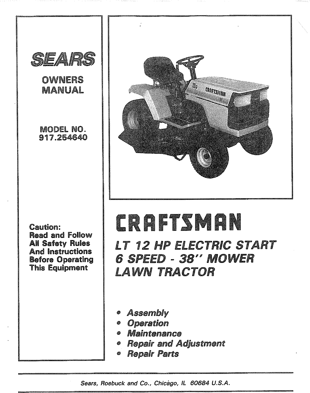 Craftsman 917254640 User Manual 12 H.P. 38 RIDING LAWN TRACTOR Manuals ...