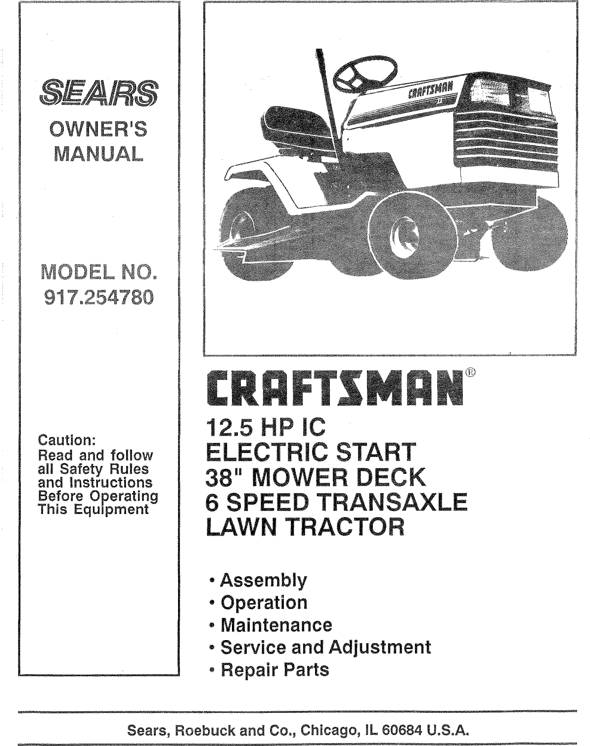 Craftsman 917254780 User Manual Lawn, Tractor Manuals And Guides L0809400