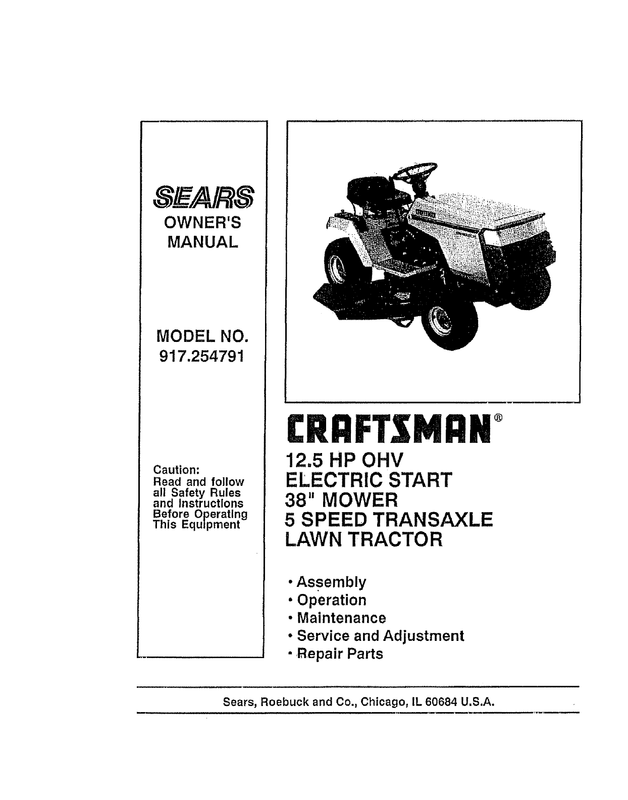 Craftsman 917254791 User Manual 12.5 HP 38 RIDING LAWN TRACTOR Manuals