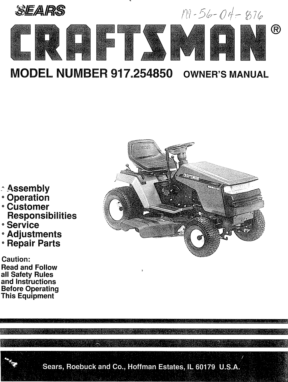 Craftsman 917254850 User Manual Lawn, Tractor Manuals And Guides L0809026