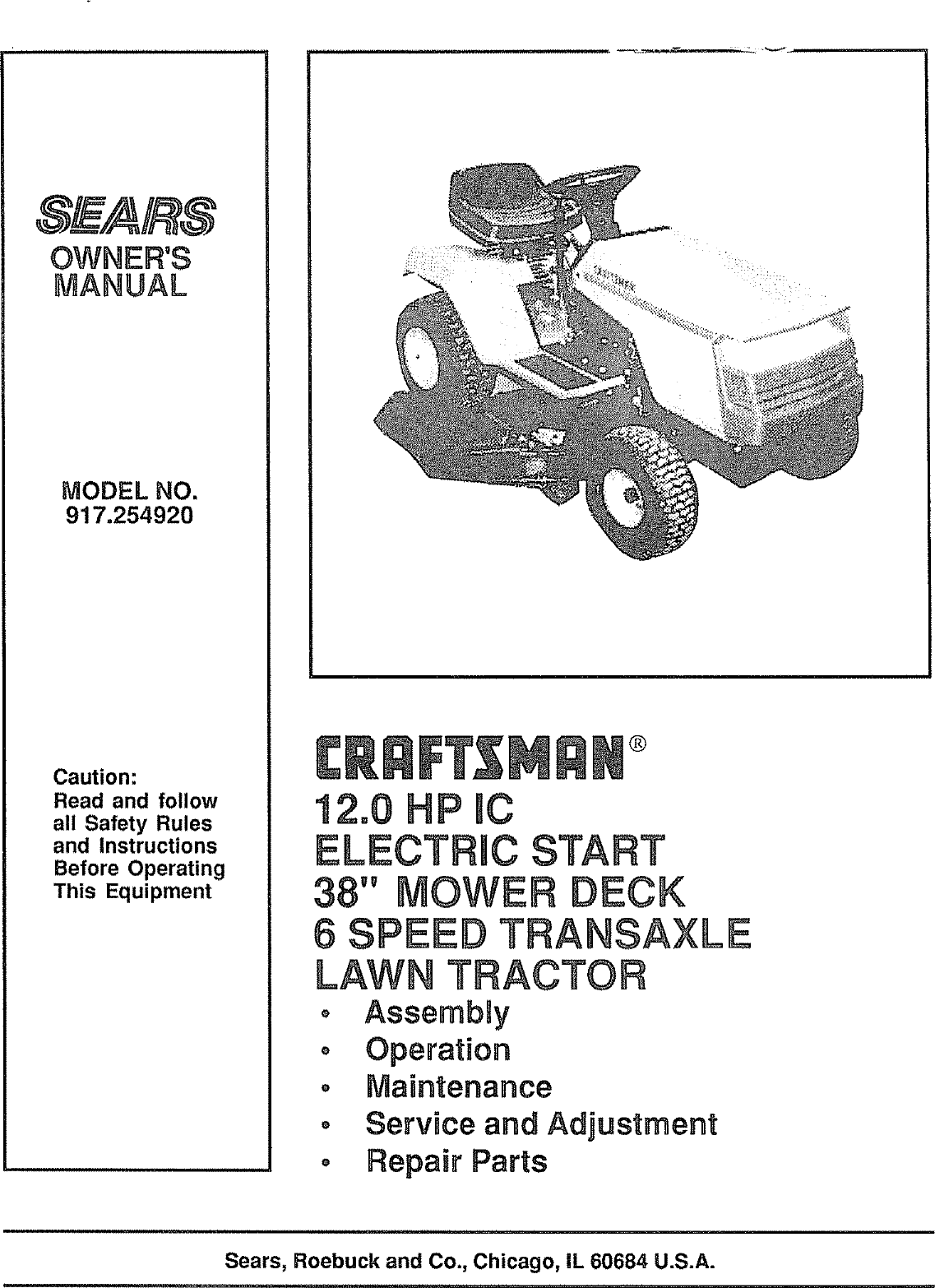 Craftsman 917254920 User Manual Lawn, Tractor Manuals And Guides L0804242