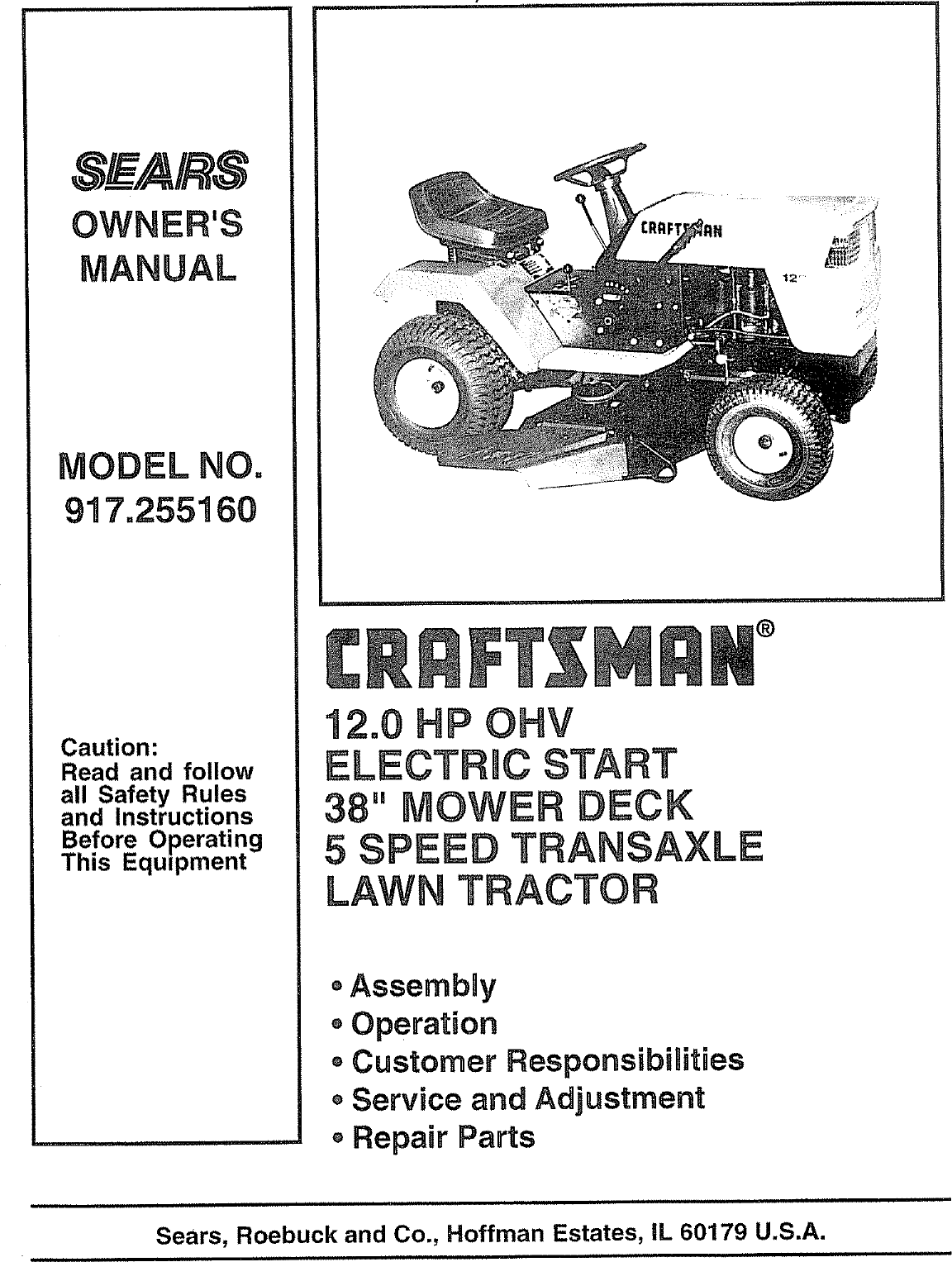 Craftsman 917255160 User Manual TRACTOR Manuals And Guides L0805608