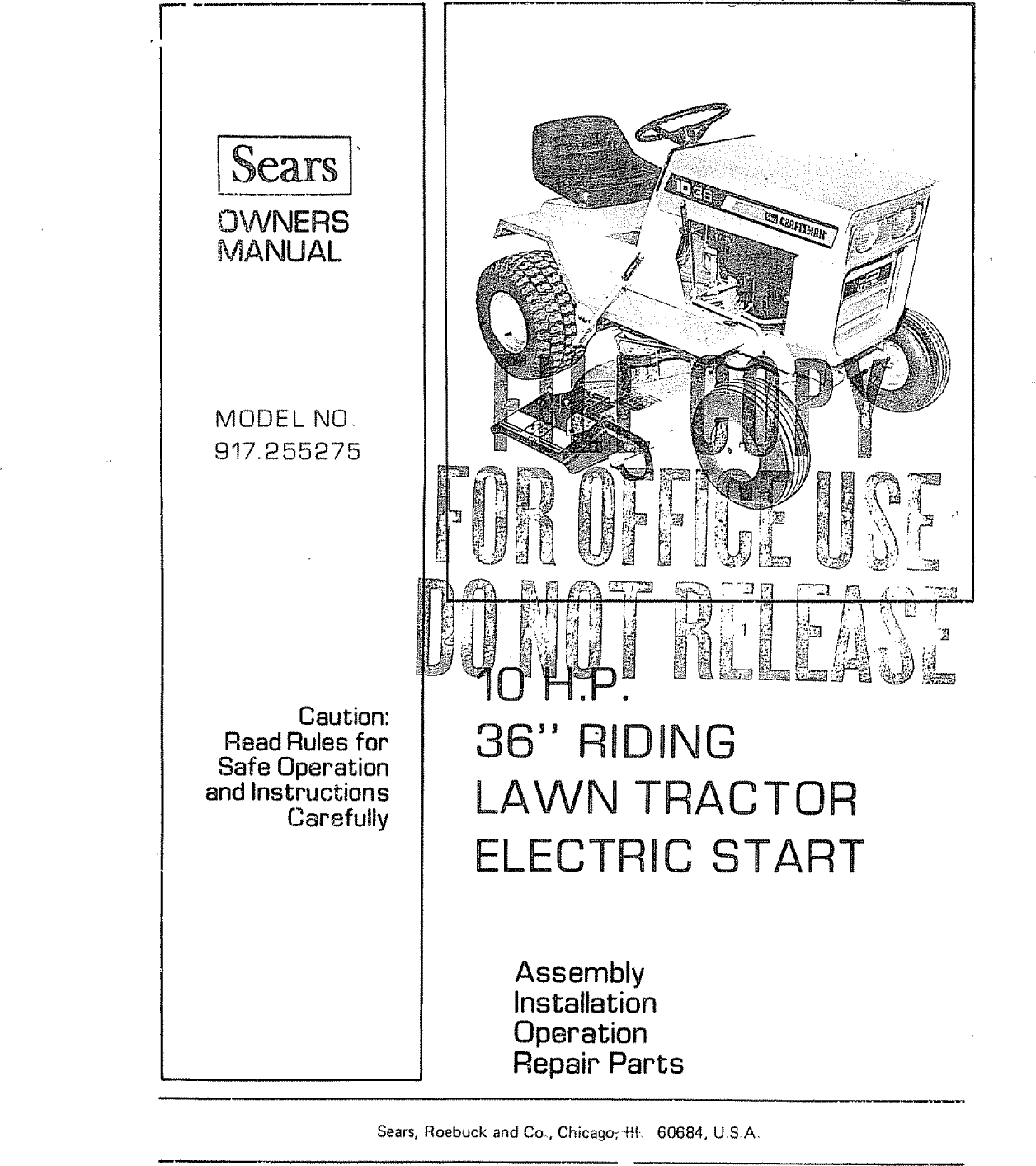 Craftsman 917255275 User Manual SEARS 10H.P. 36 IN. RIDING LAWN TRACTOR