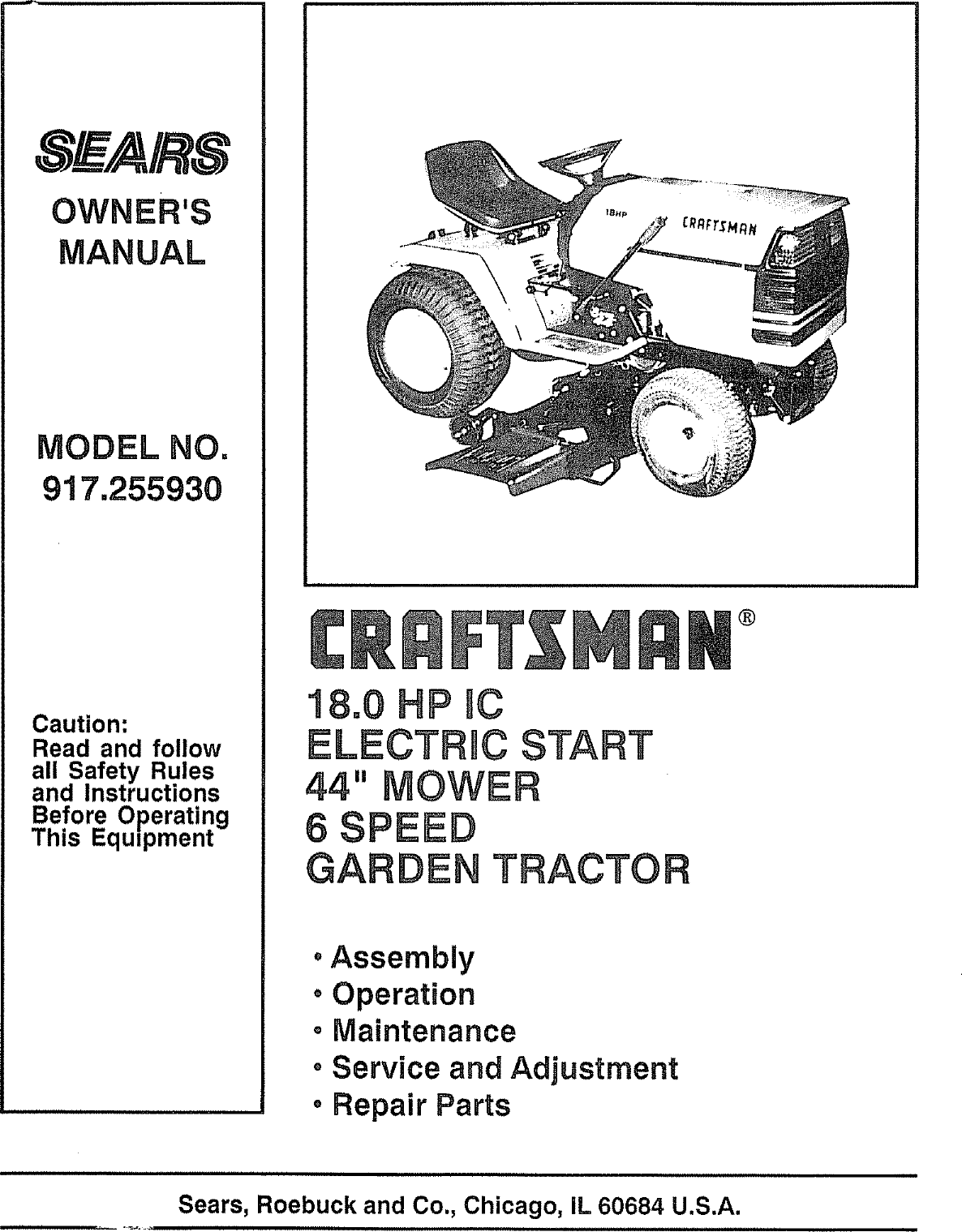 Craftsman 917255930 User Manual 18 H.P. TRACTOR Manuals And Guides L0805243