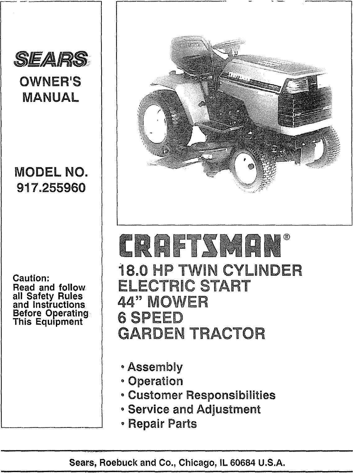 Craftsman 917255960 User Manual Lawn, Tractor Manuals And Guides L0807534