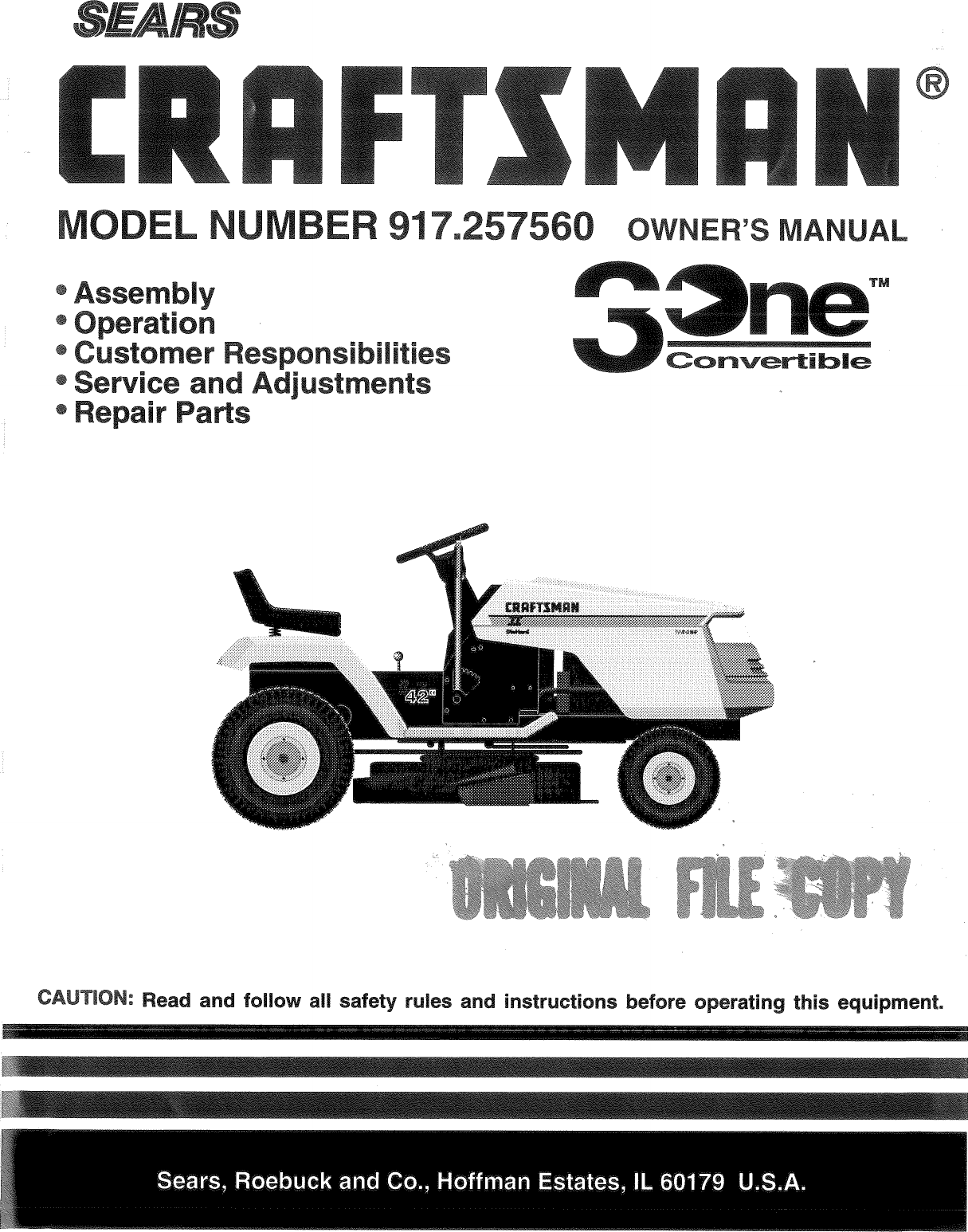 Craftsman 917257560 User Manual Lawn, Tractor Manuals And Guides 1011080L