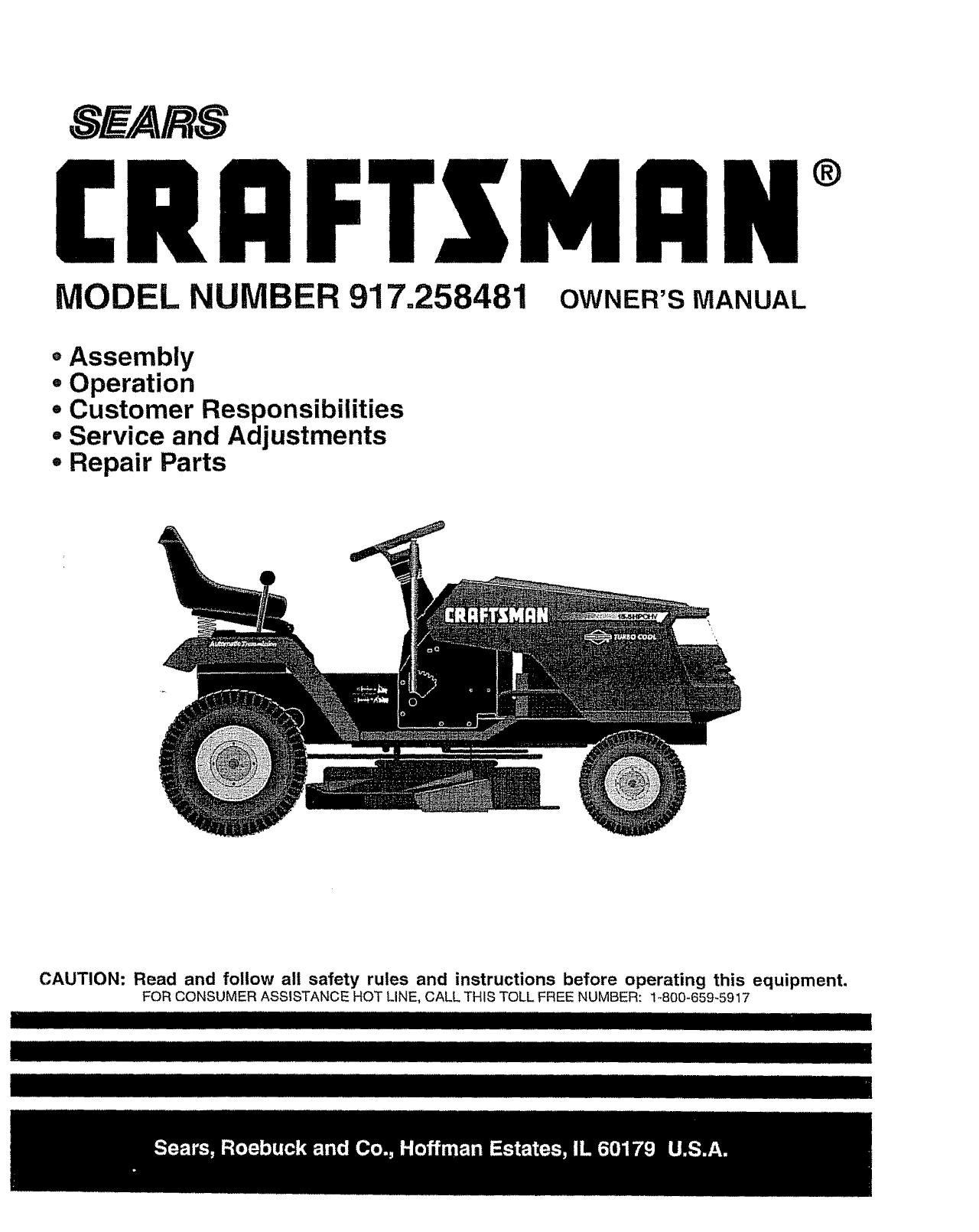 Craftsman 917258481 User Manual TRACTOR Manuals And Guides L0909240