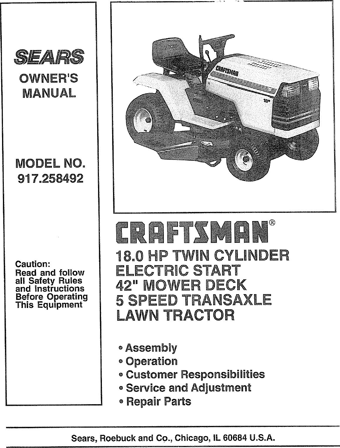 Craftsman 917258492 User Manual Lawn, Tractor Manuals And Guides L0807630