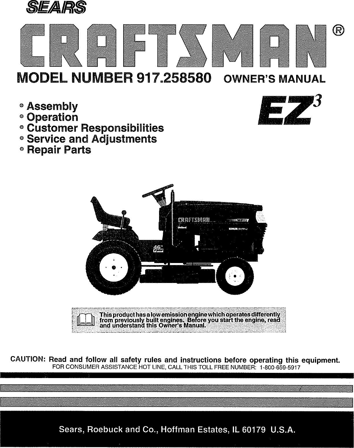 Craftsman 917258580 User Manual Lawn, Tractor Manuals And Guides L0807539
