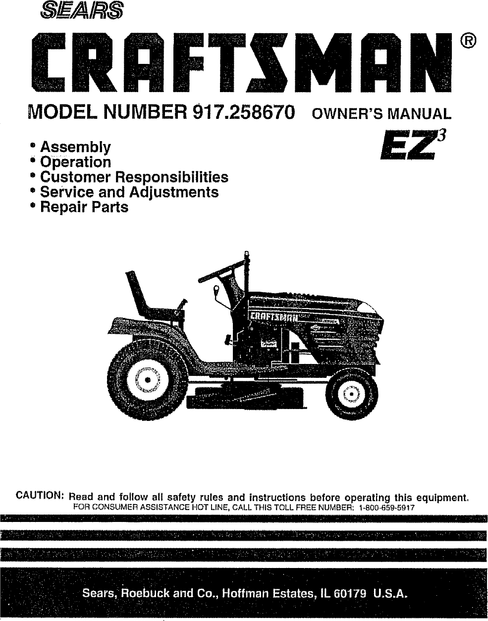 Craftsman 917258670 User Manual Lawn, Tractor Manuals And Guides L0711399