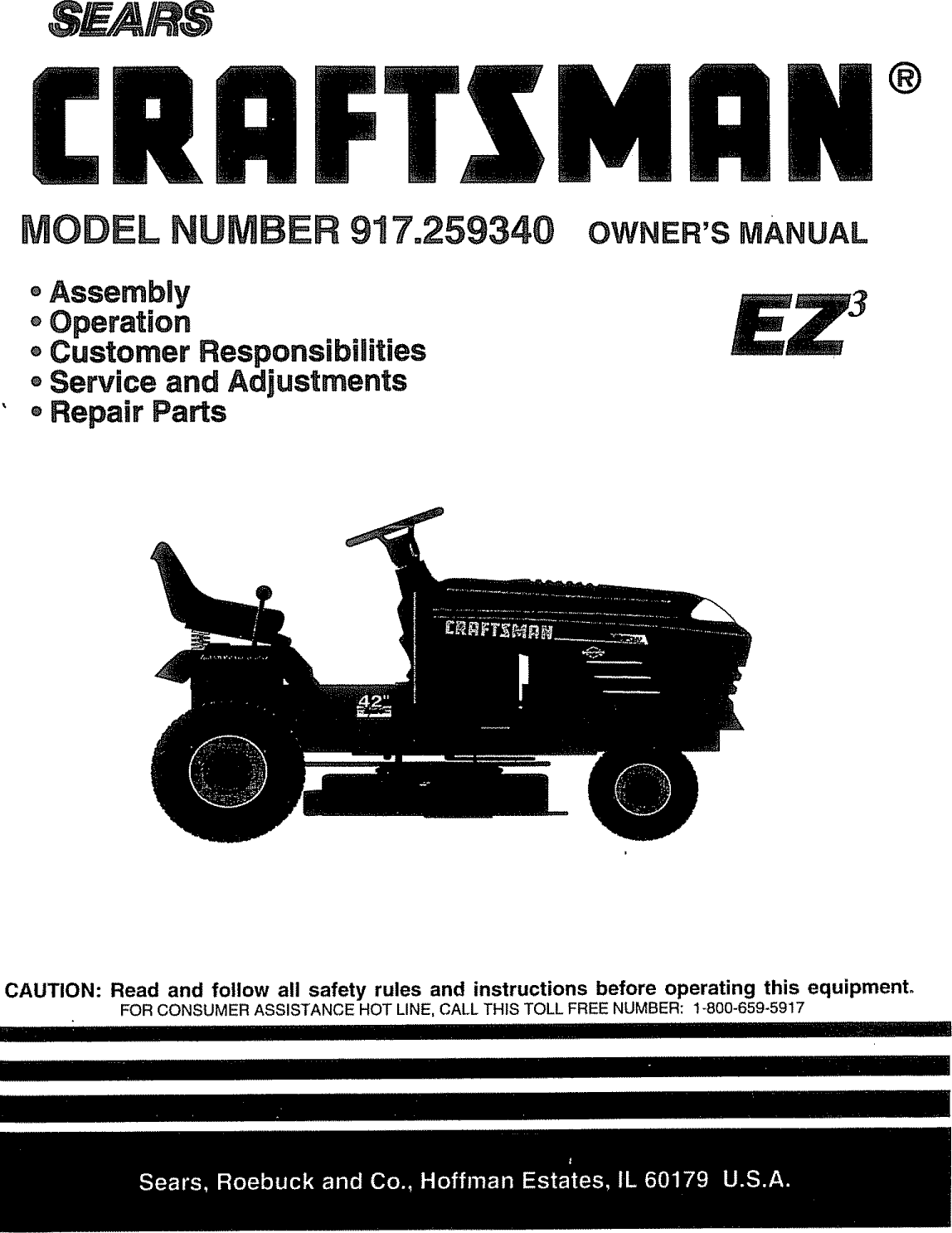 Craftsman 917259340 User Manual TRACTOR Manuals And Guides 1008845L