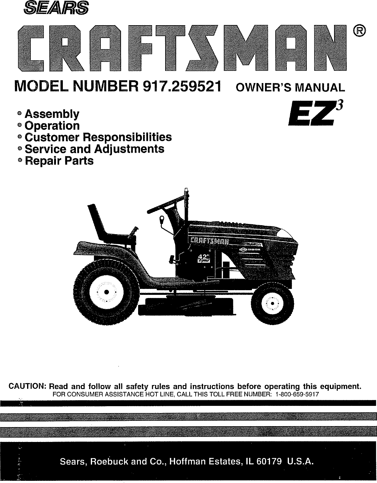 Craftsman 917259521 User Manual TRACTOR Manuals And Guides L0807201