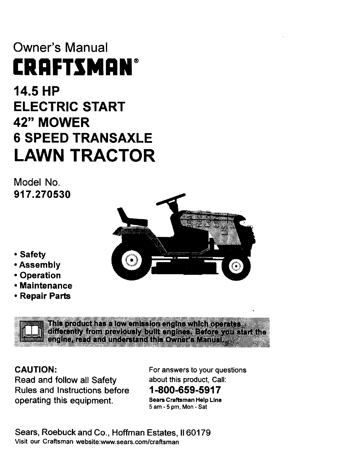 Craftsman 917270530 User Manual 14 5hp 42 Mower Lawn Tractor Manuals And Guides L0020132