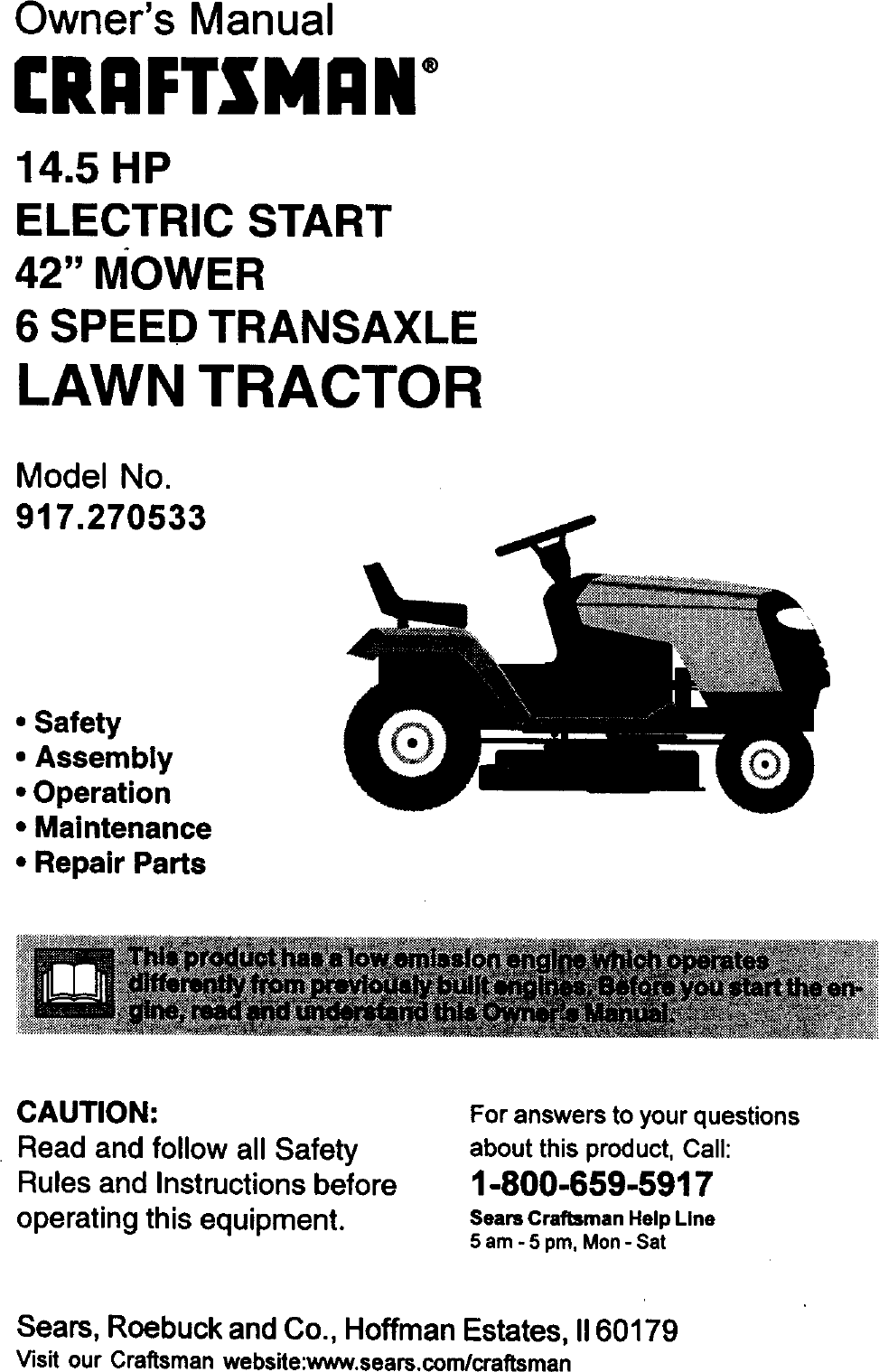 Craftsman 917270533 User Manual TRACTOR Manuals And Guides L0060061