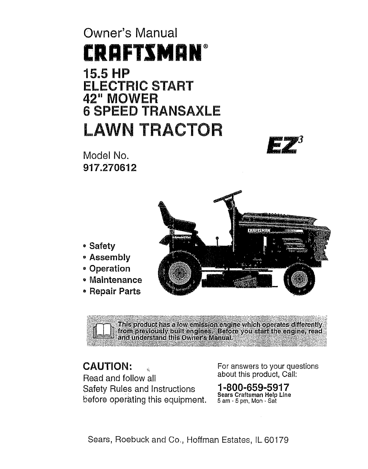 Craftsman 917270612 User Manual Tractor Manuals And Guides L0811259