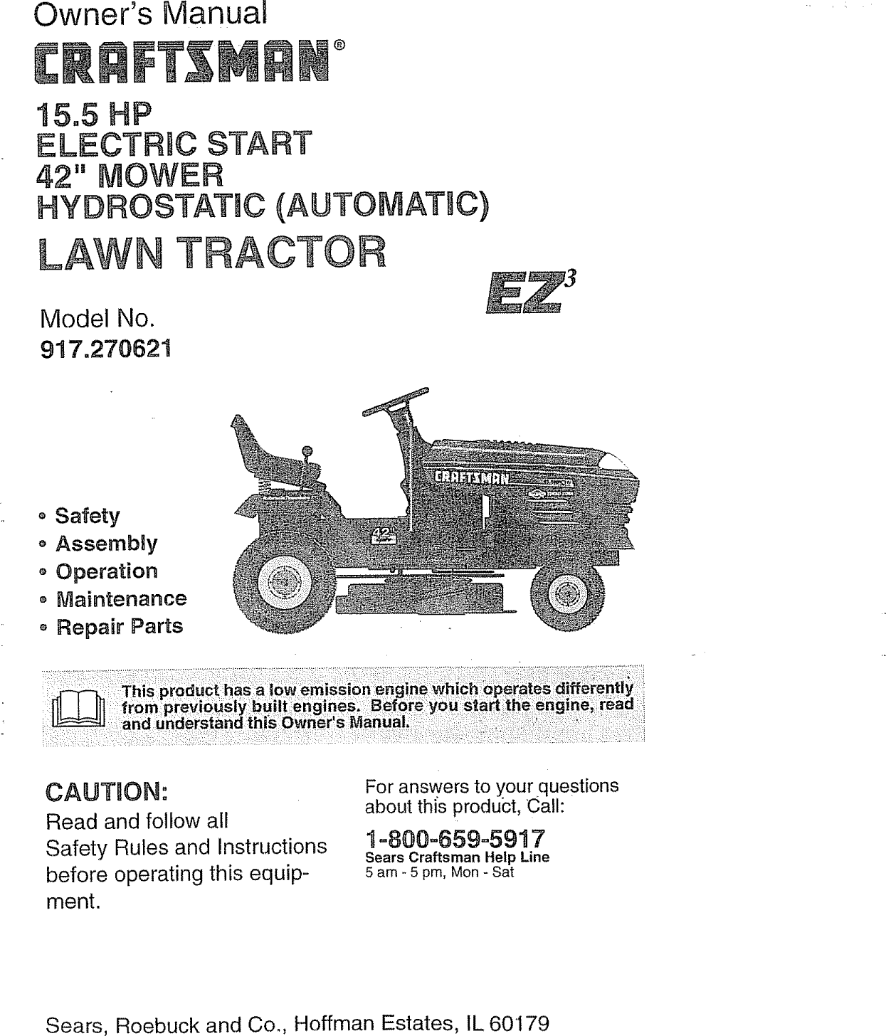 Craftsman 917270621 User Manual TRACTOR Manuals And Guides L0810051