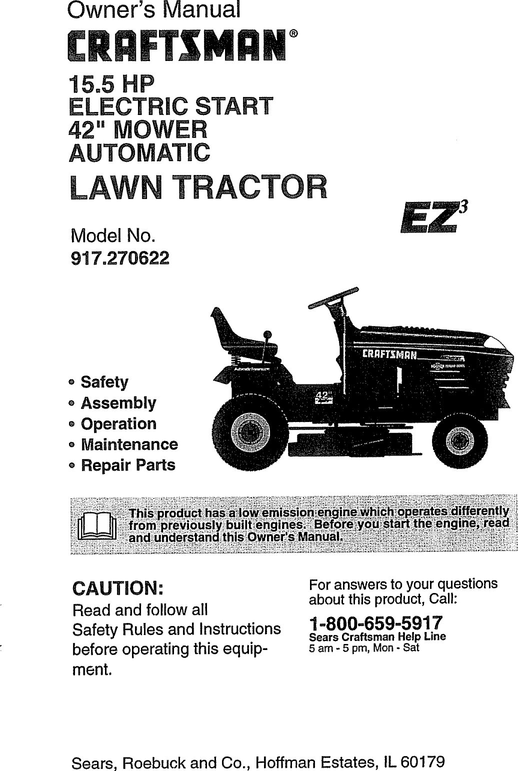 Craftsman 917270622 User Manual TRACTOR Manuals And Guides L0910067