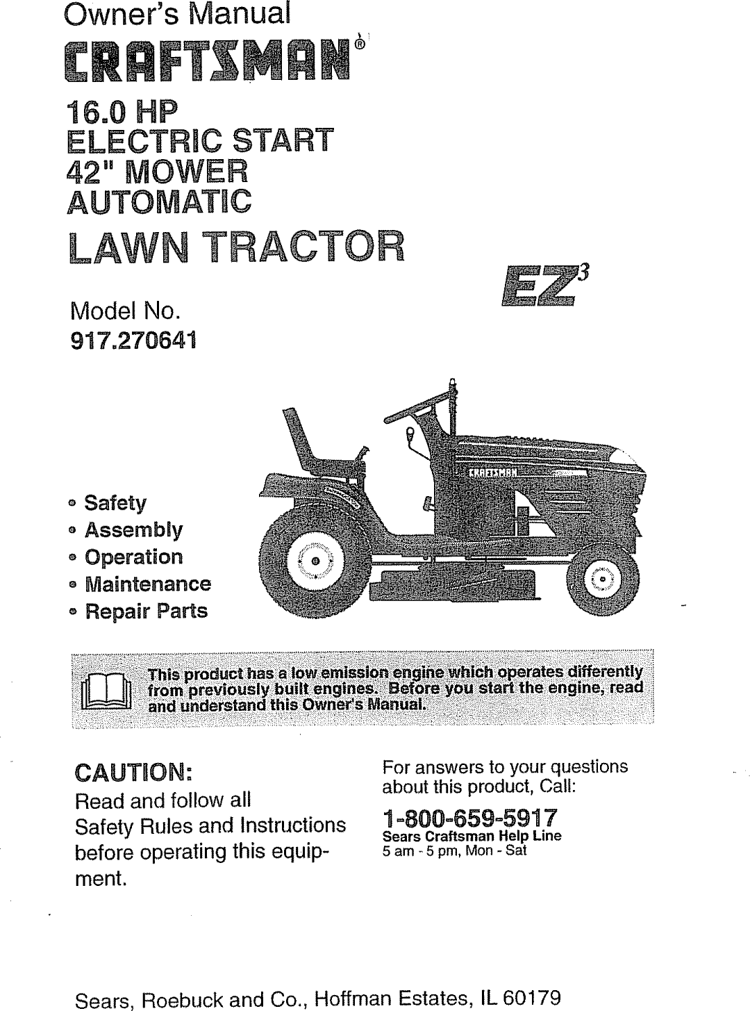Craftsman 917270641 User Manual TRACTOR Manuals And Guides L0810362