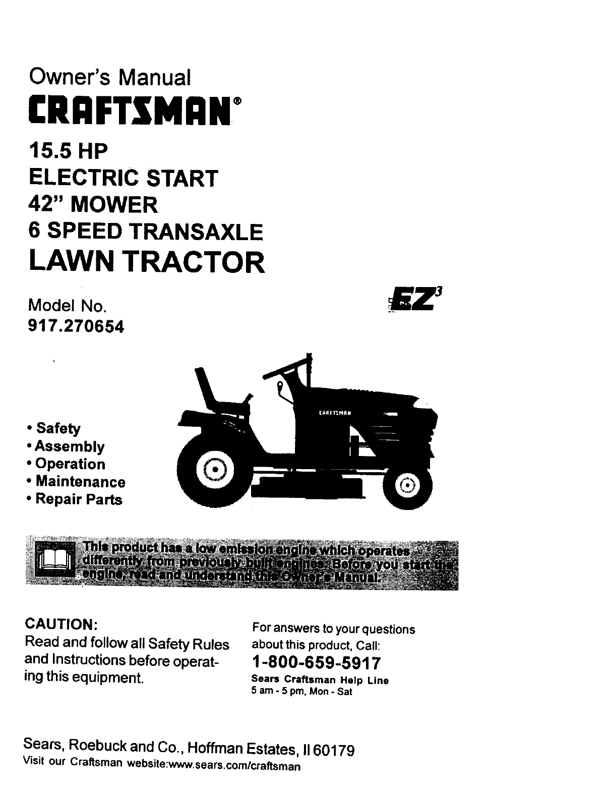 Craftsman 917270654 User Manual 15 5hp 42 Lawn Tractor Manuals And Guides L0020119