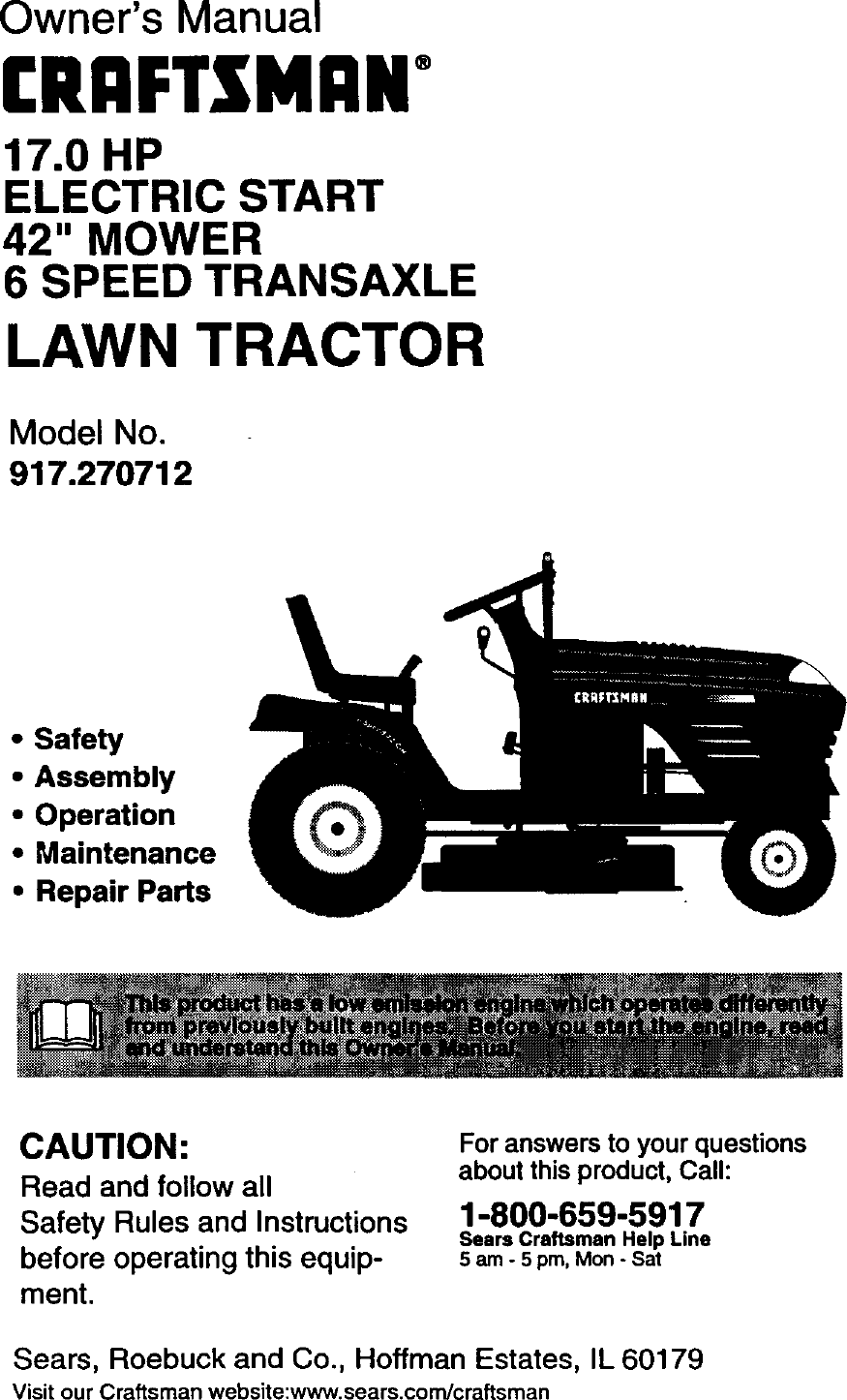 Craftsman 917270712 User Manual LAWN TRACTOR Manuals And Guides 99030796