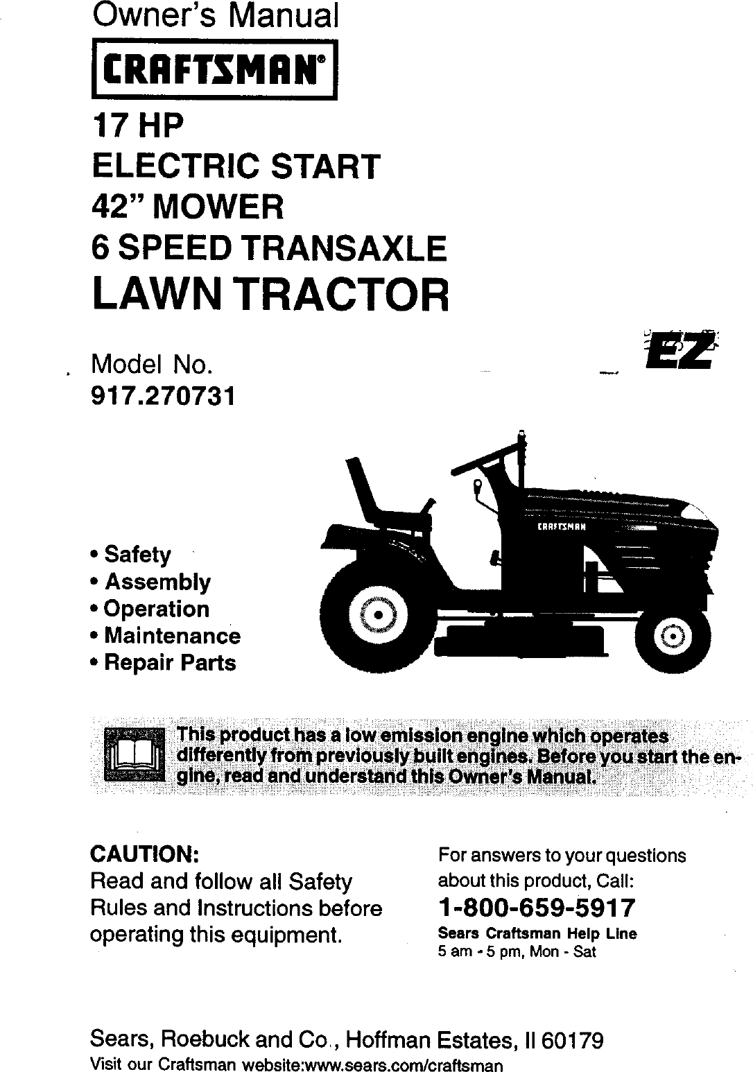 Craftsman 917270731 User Manual 42 LAWN TRACTOR Manuals And Guides L0060050