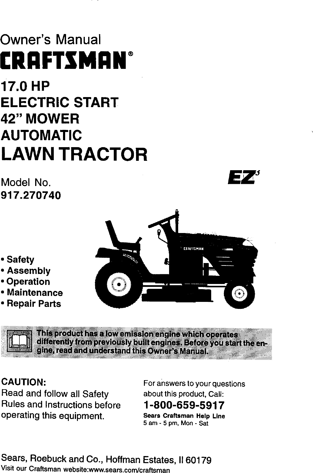 Craftsman 917270740 User Manual 17.0HP 42 MOWER AUTOMATIC LAWN TRACTOR ...