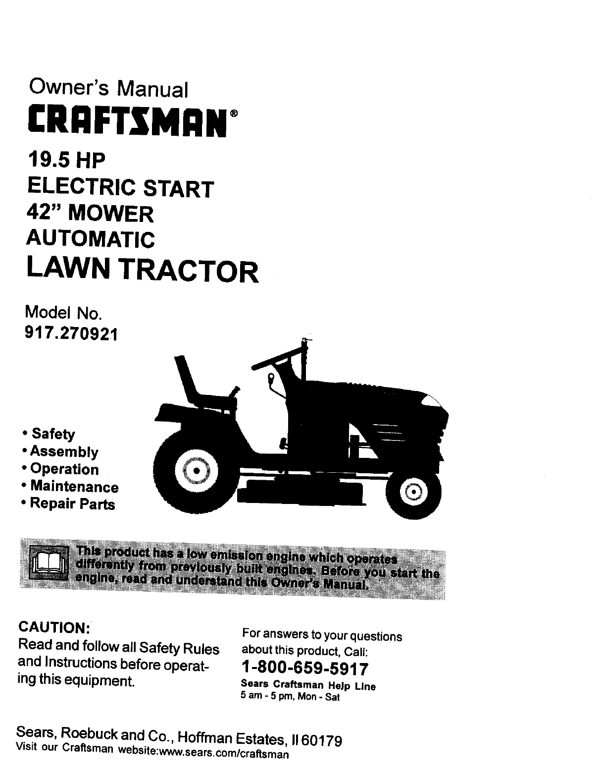 Craftsman 917270921 User Manual 19.5HP AUTOMATIC LAWN MOWER Manuals And