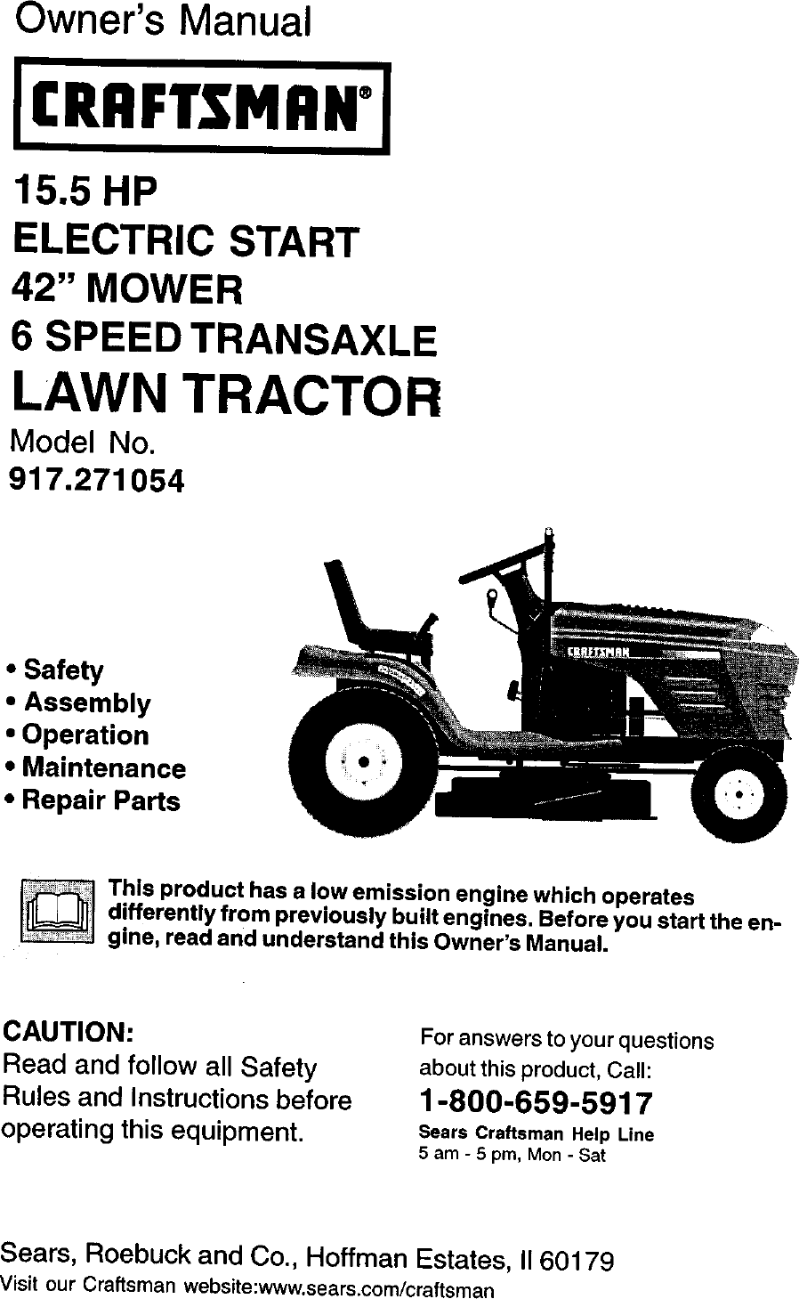 Craftsman 917271054 User Manual LAWN TRACTOR Manuals And Guides L0103190