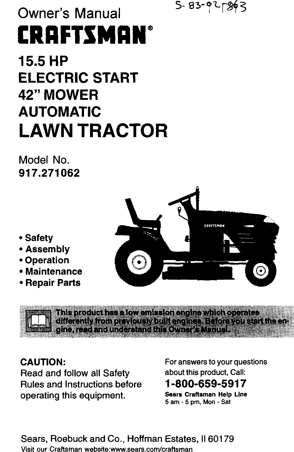 Craftsman 917271062 User Manual TRACTOR Manuals And Guides L0030185