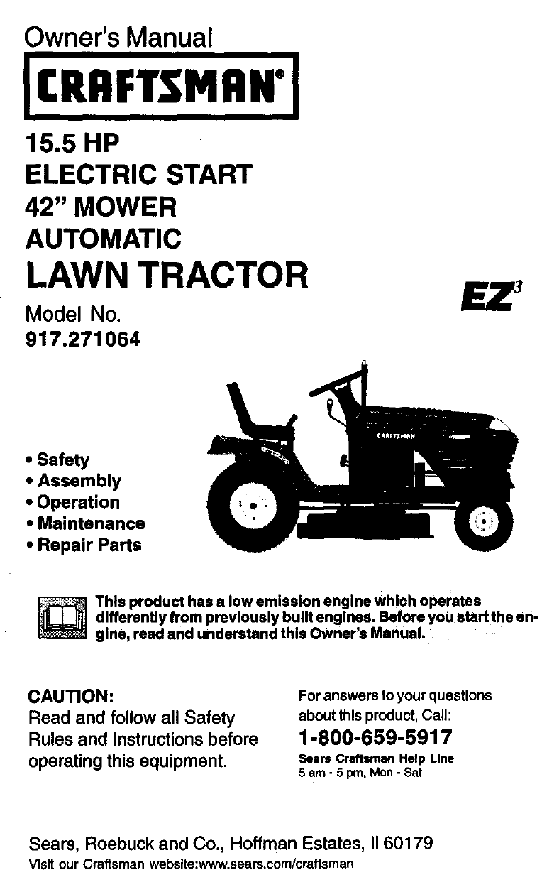 Craftsman 917271064 User Manual 42 LAWN TRACTOR Manuals And Guides L0101024