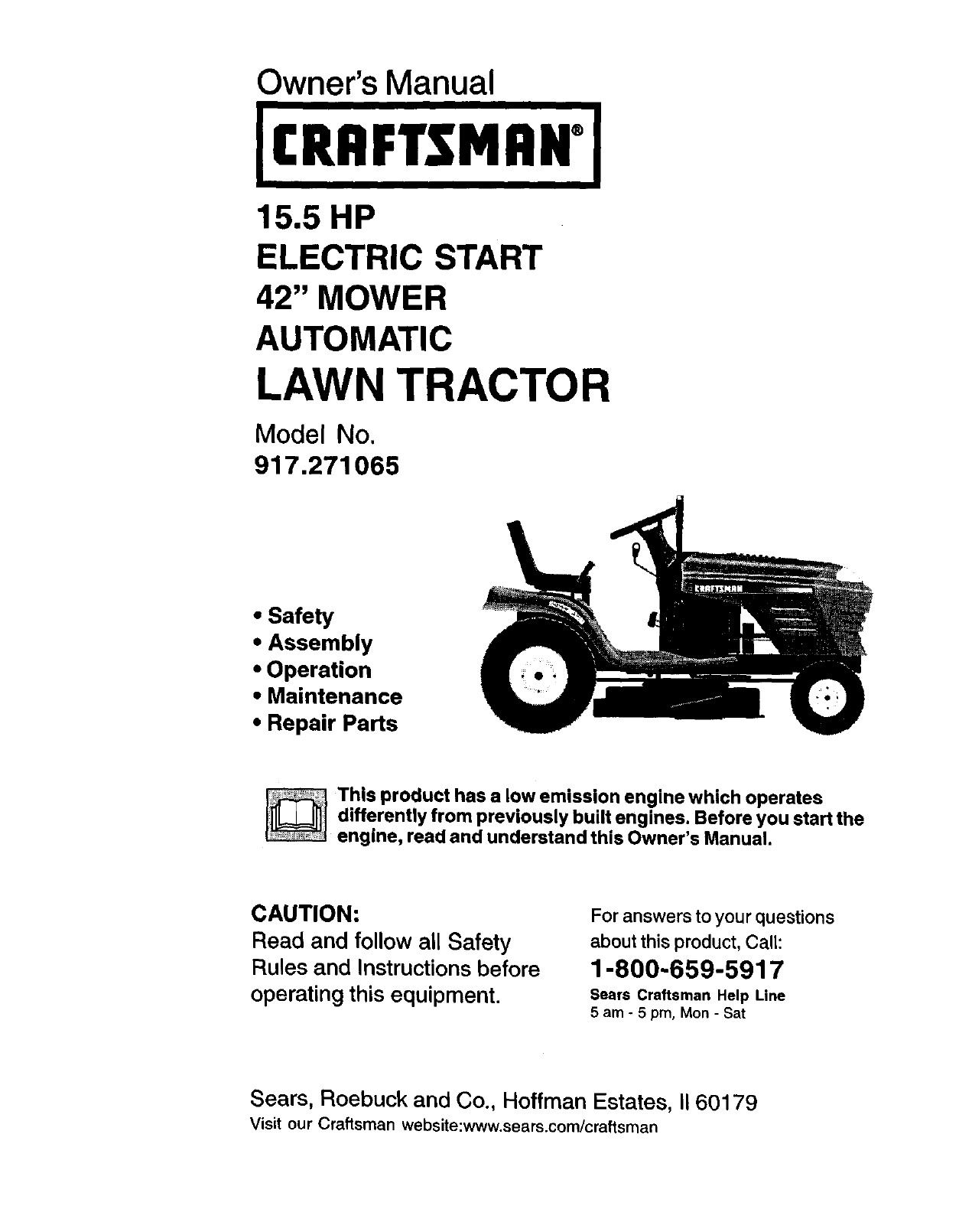 Craftsman 917271065 User Manual LAWN TRACTOR Manuals And Guides L0103187