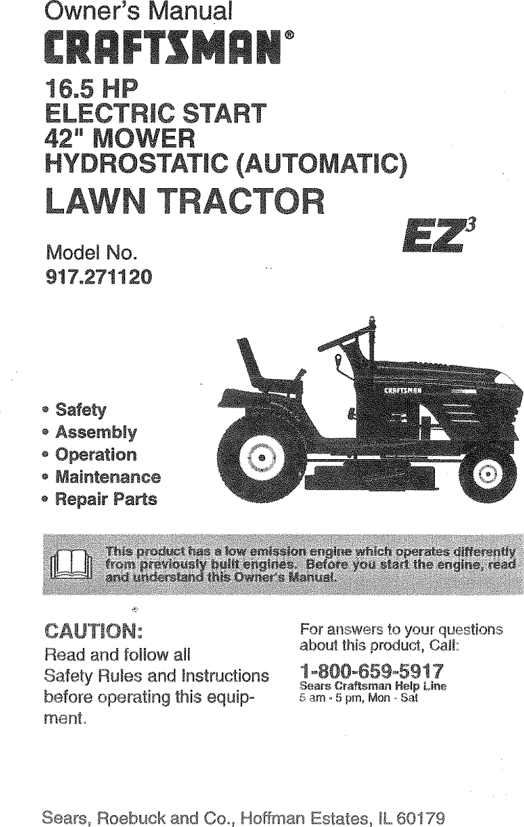 Craftsman 917271120 User Manual TRACTOR Manuals And Guides L0902076