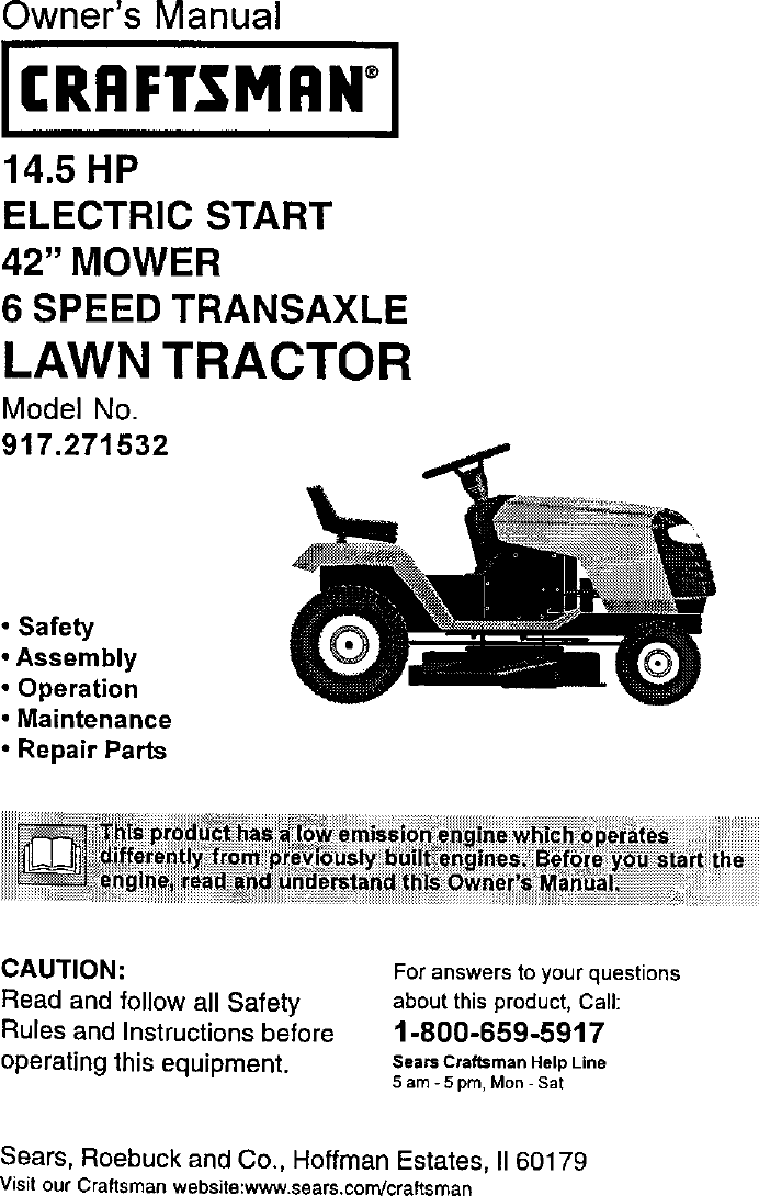 Craftsman 917271532 User Manual LAWN TRACTOR Manuals And Guides L0107025