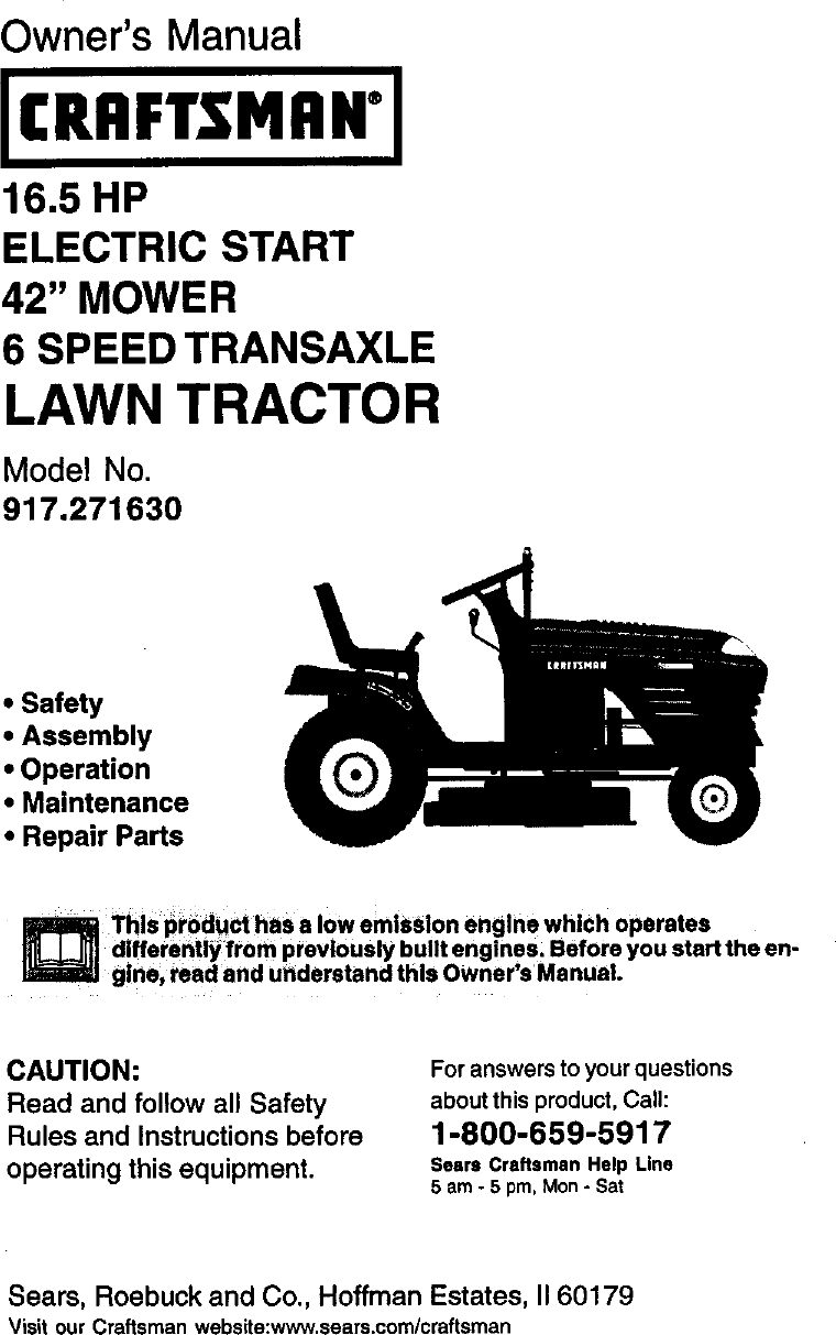 Craftsman 917271630 User Manual LAWN TRACTOR Manuals And Guides L0103080