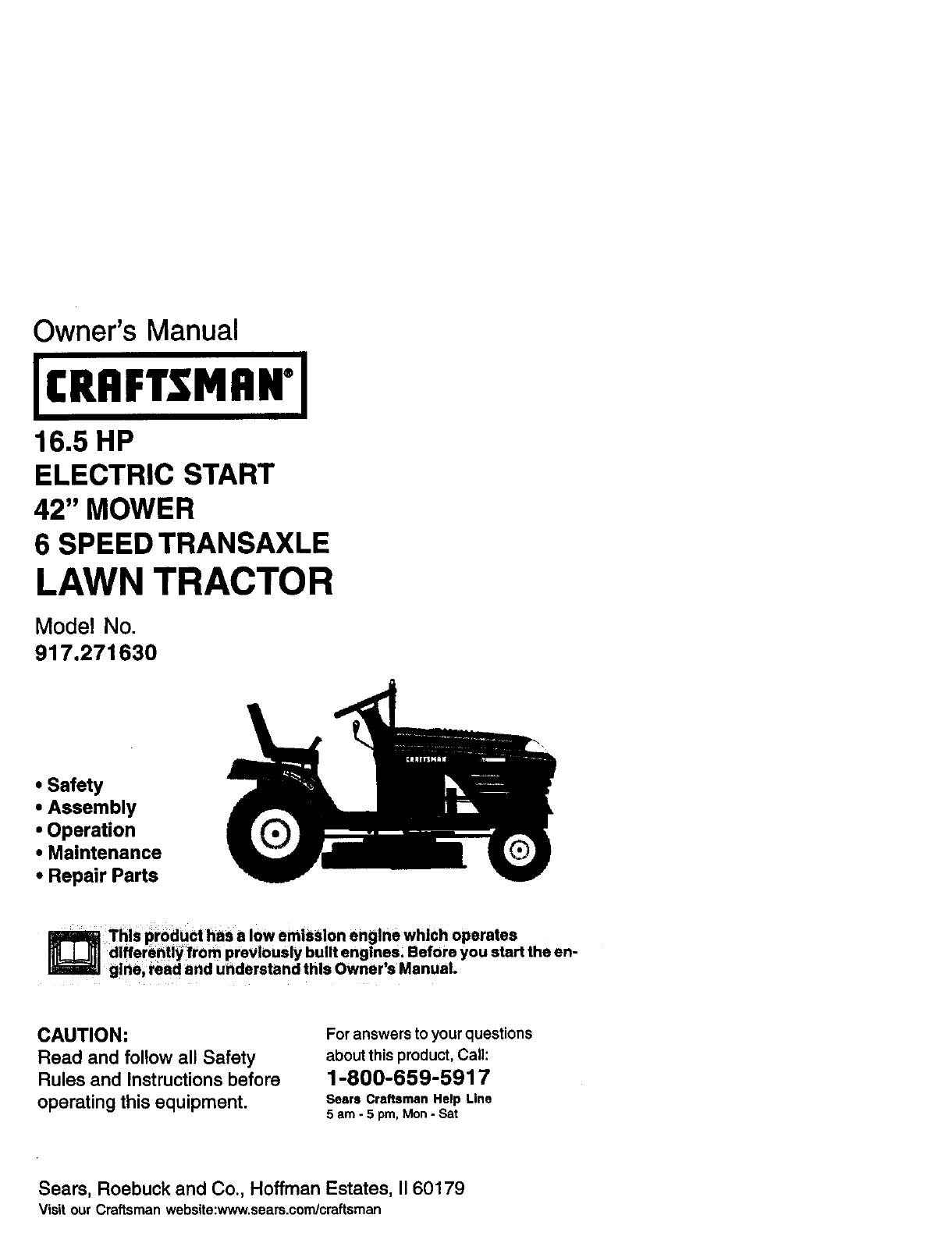 Craftsman 917271630 User Manual LAWN TRACTOR Manuals And Guides L0103080