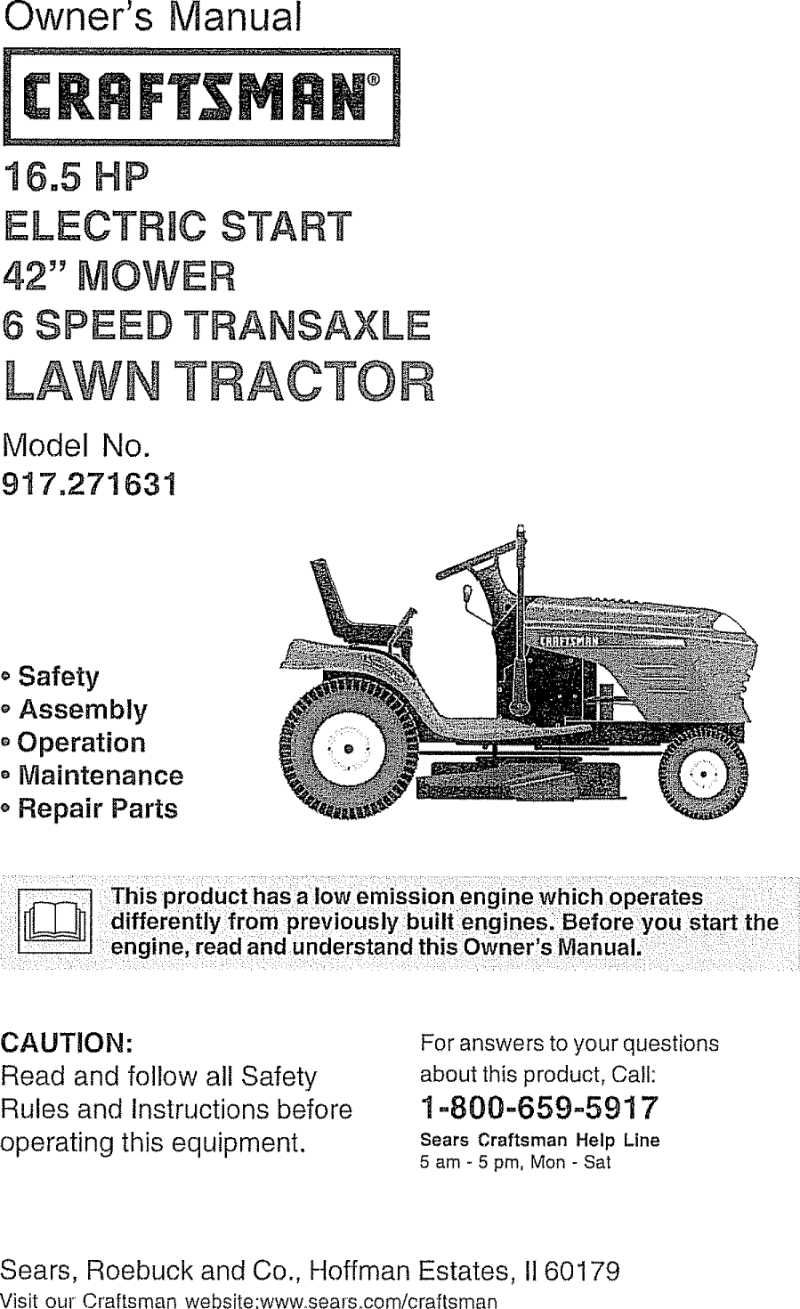 Craftsman 917271631 User Manual LAWN TRACTOR Manuals And Guides L0904458