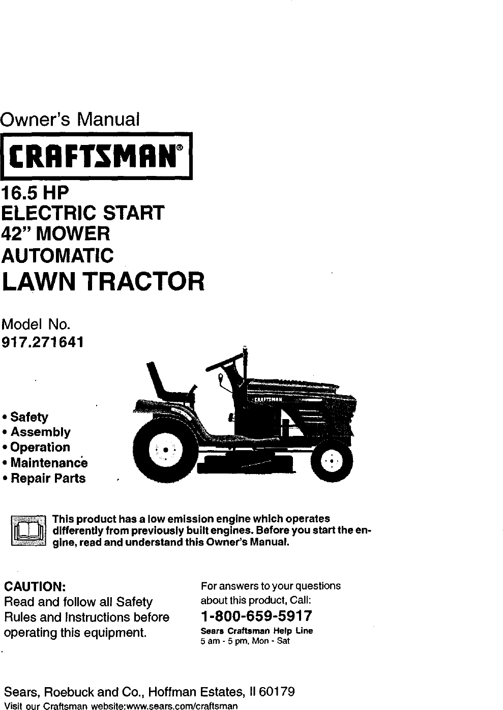 Craftsman 917271641 User Manual LAWN TRACTOR Manuals And Guides L0103084