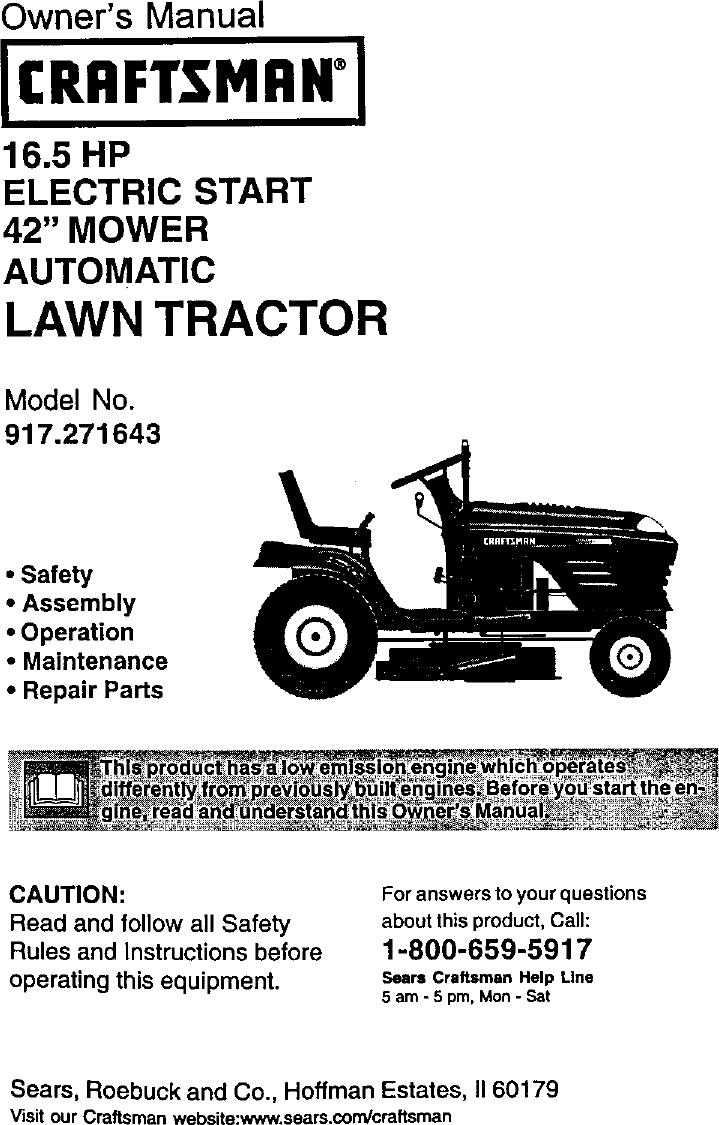 Craftsman 917271643 User Manual LAWN TRACTOR Manuals And Guides L0104165