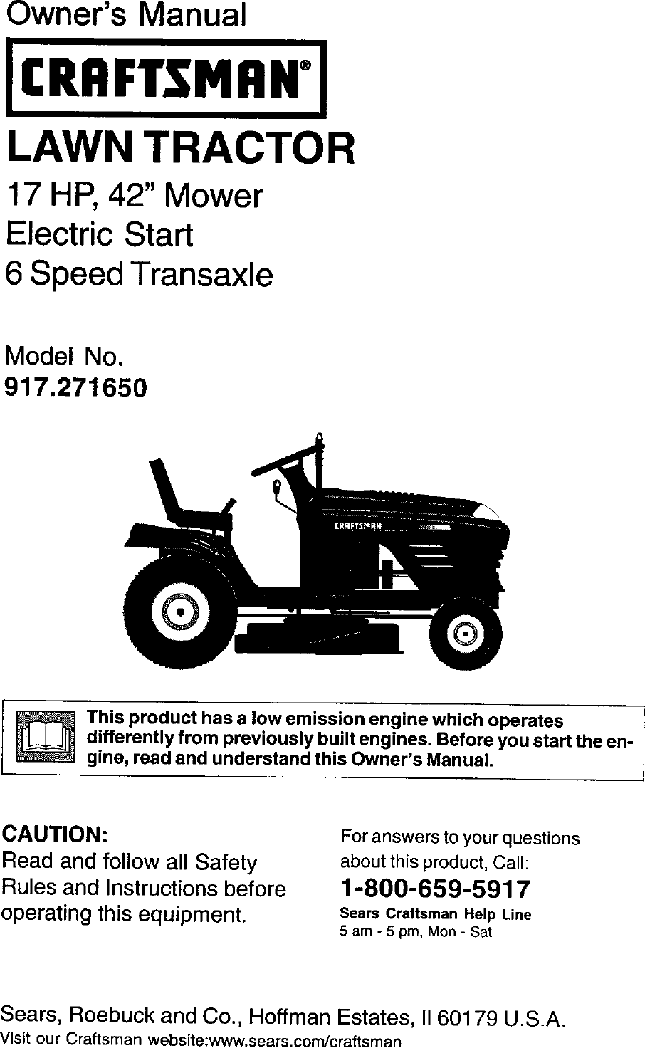 Craftsman 917271650 User Manual LAWN TRACTOR Manuals And Guides L0112053