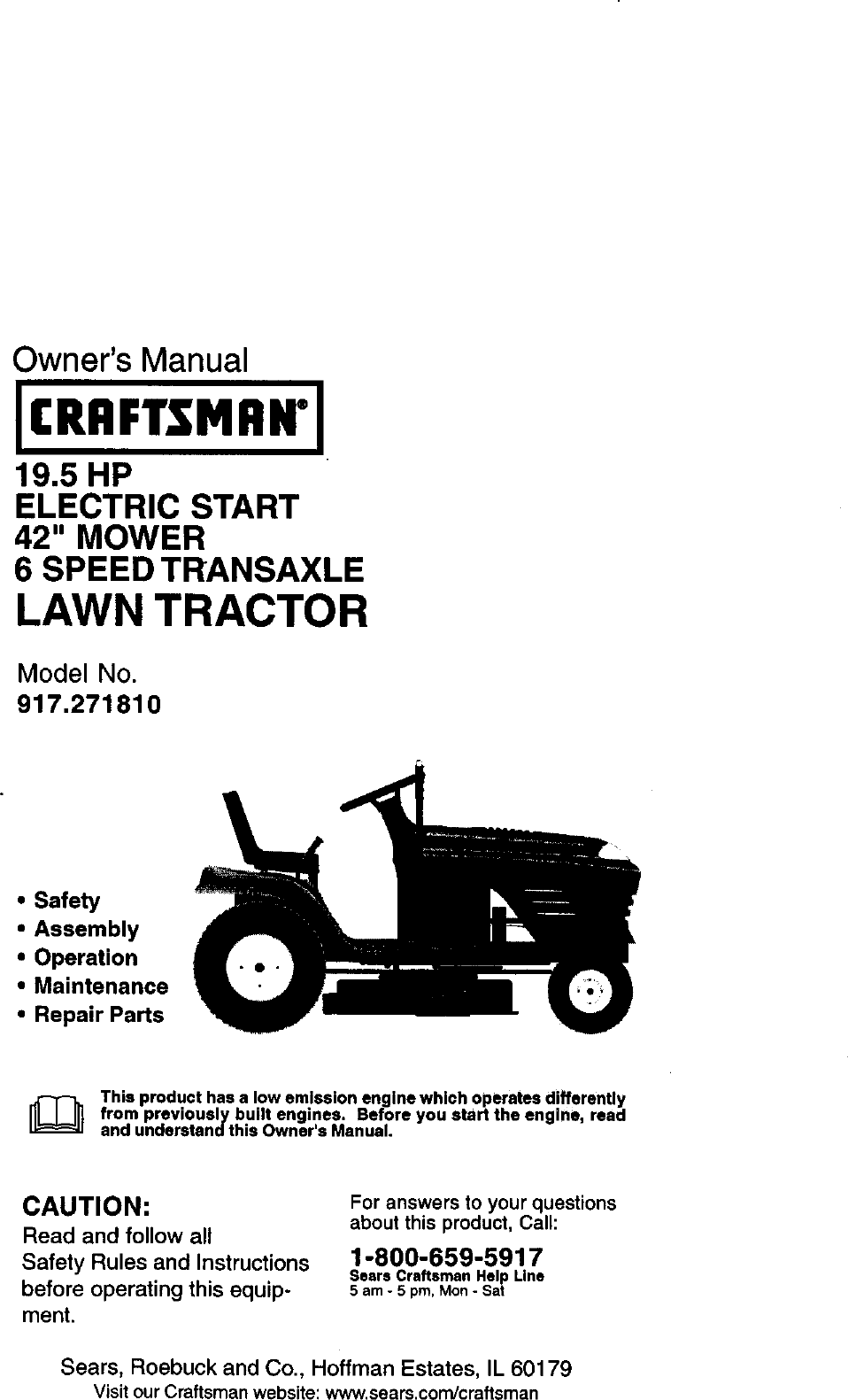 Craftsman 917271810 User Manual LAWN TRACTOR Manuals And Guides L0101084