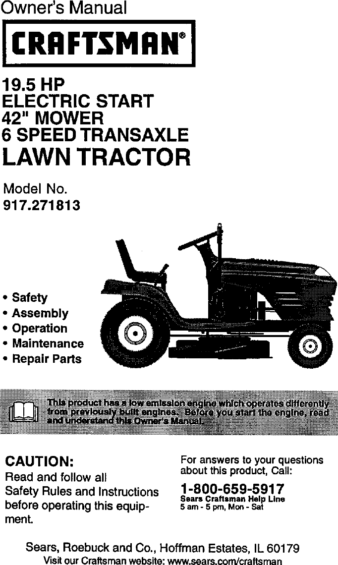 Craftsman 917271813 User Manual LAWN TRACTOR Manuals And Guides L0104134