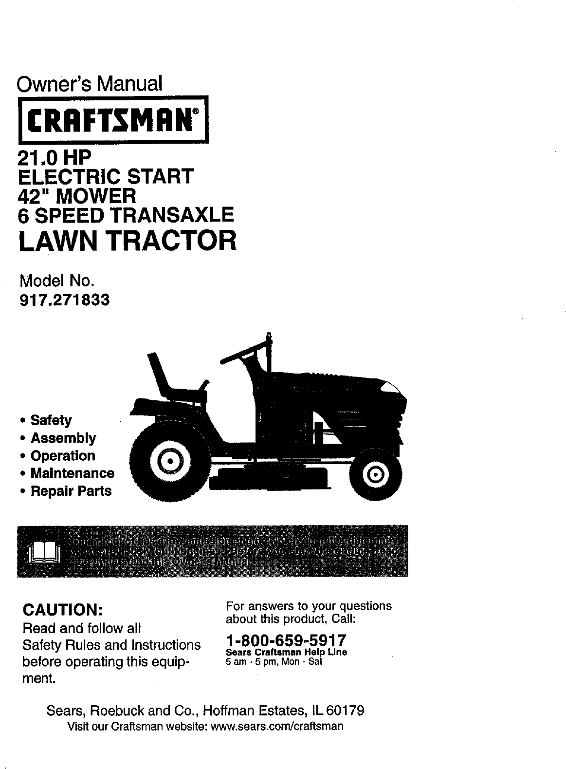 Craftsman 917271833 User Manual LAWN TRACTOR Manuals And Guides L0111035