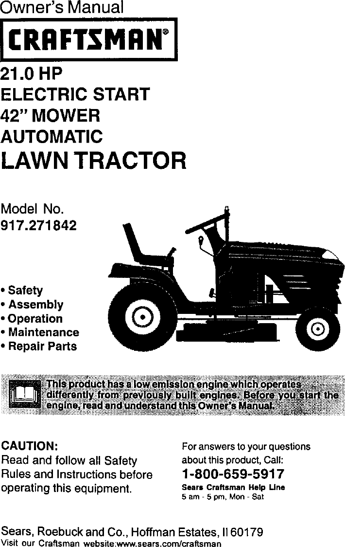 Craftsman 917271842 User Manual LAWN TRACTOR Manuals And Guides L0105110