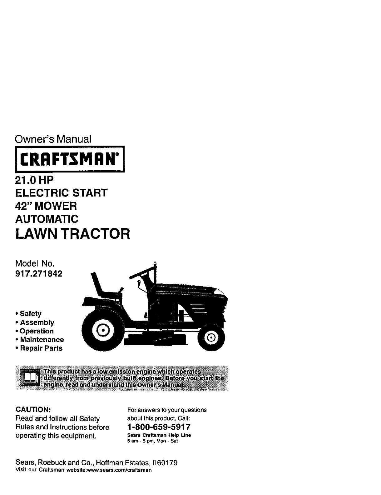 Craftsman 917271842 User Manual LAWN TRACTOR Manuals And Guides L0105110