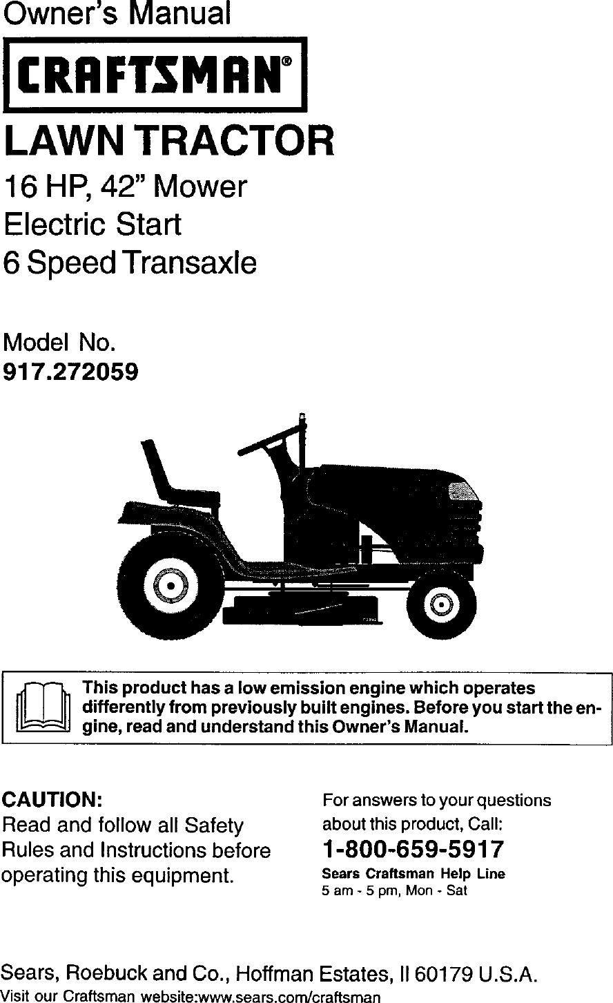 Craftsman 917272059 User Manual LAWN TRACTOR Manuals And Guides L0205012