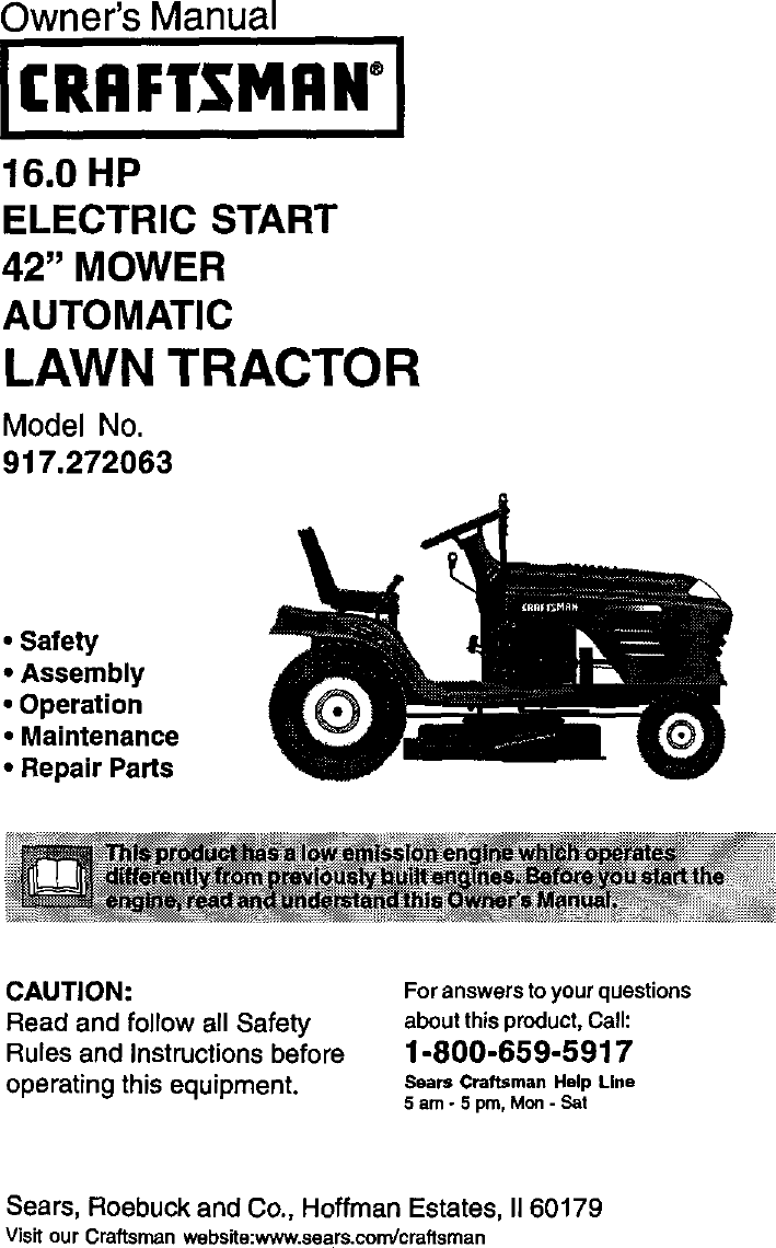 Craftsman 917272063 User Manual LAWN TRACTOR Manuals And Guides L0105014