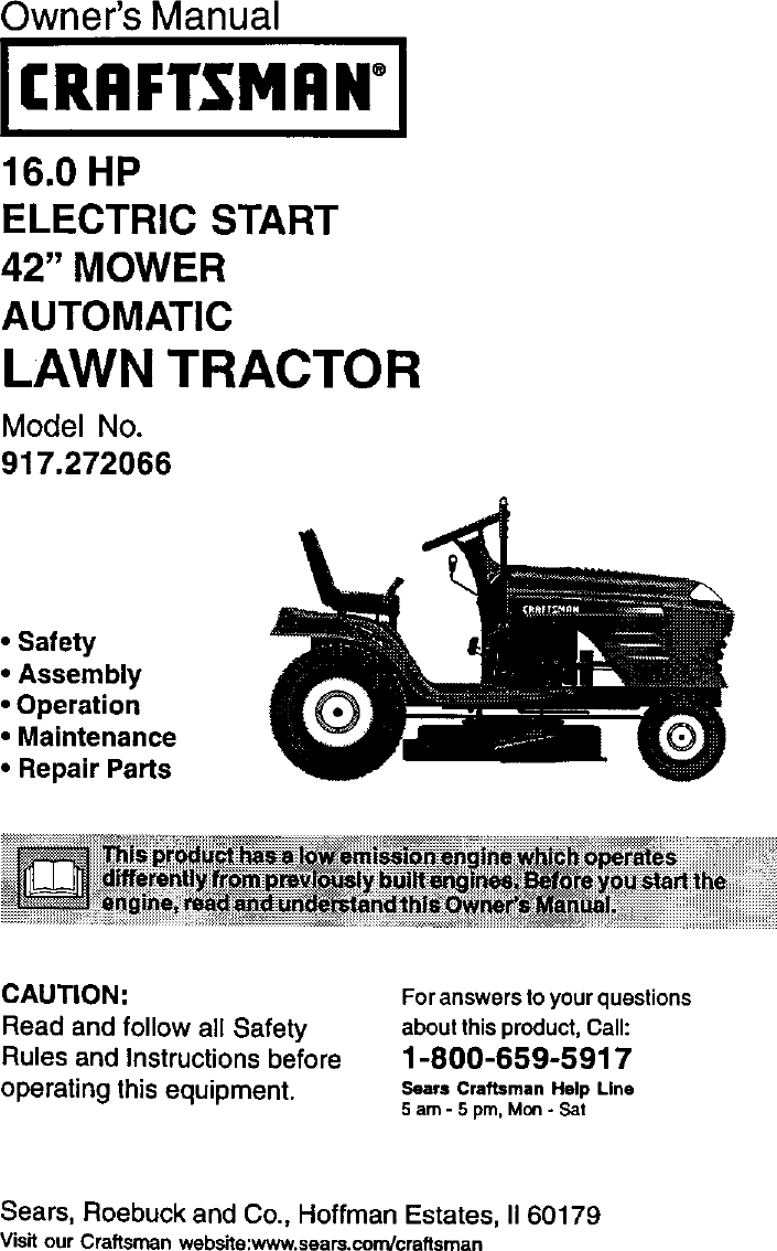 Craftsman 917272066 User Manual LAWN TRACTOR Manuals And Guides L0104096