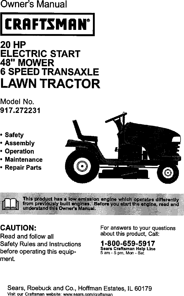 Craftsman 917272231 User Manual LAWN TRACTOR Manuals And Guides L0103147