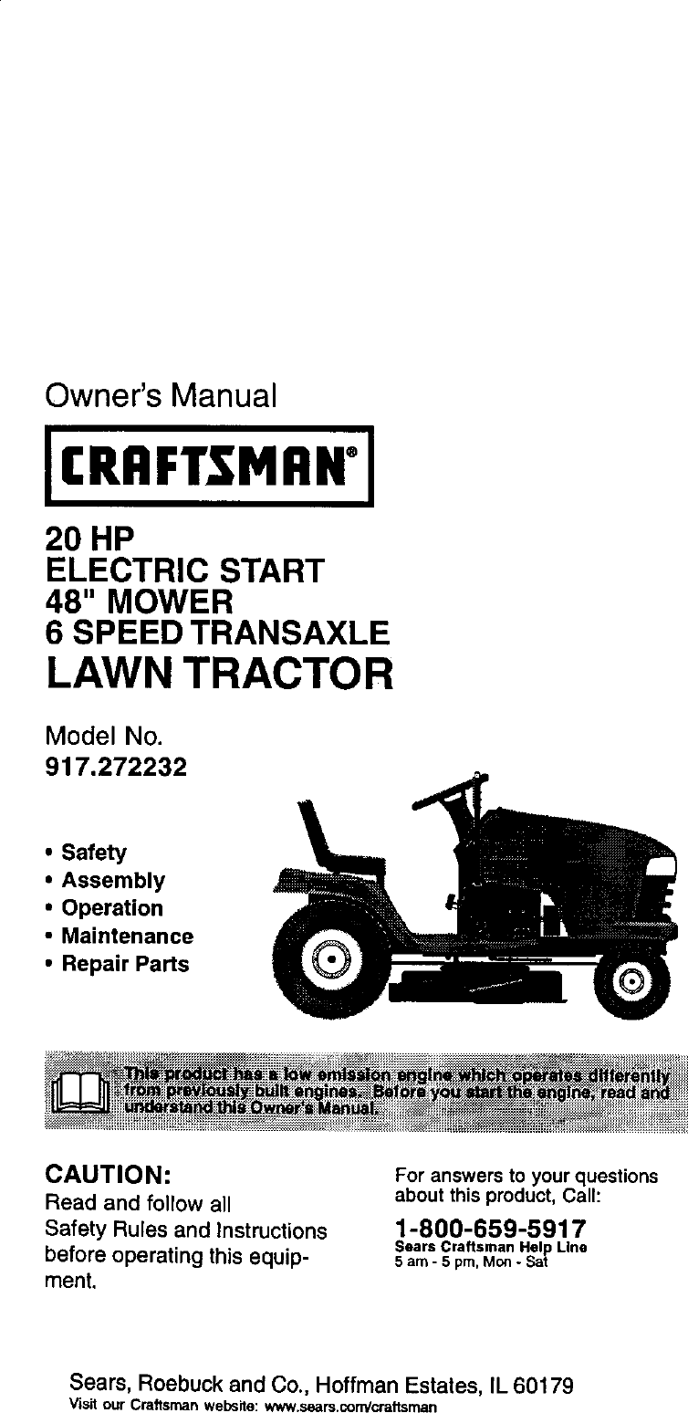 Craftsman 917272232 User Manual LAWN TRACTOR Manuals And Guides L0104097