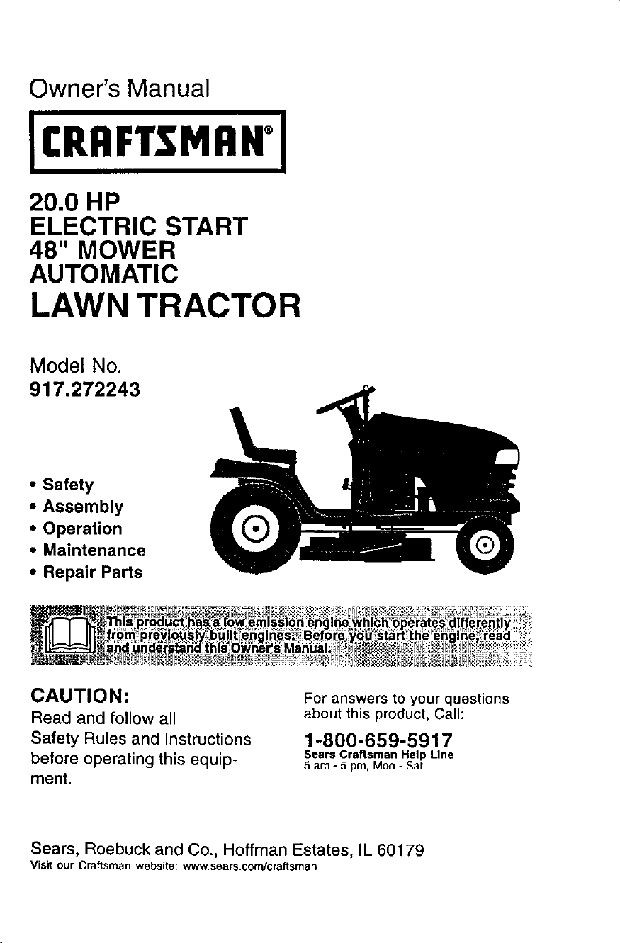 Craftsman 917272243 User Manual LAWN TRACTOR Manuals And Guides L0105093